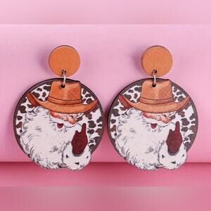Christmas Cowboy Santa Claus Wood Earrings